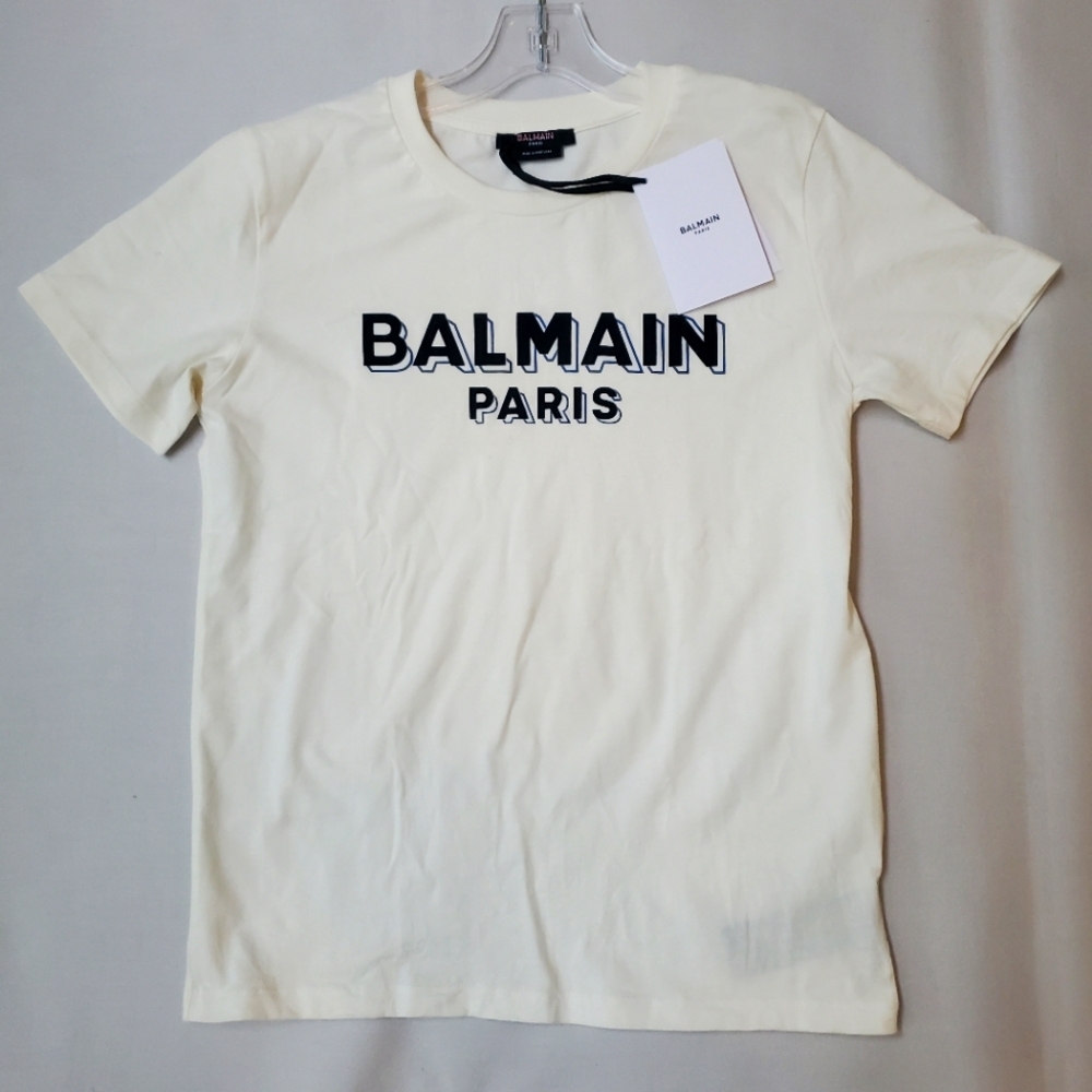 NWT$220 Balmain Kids Boy's Velvet Logo Print 100% Cotton T-shirt Top Tee Sz 10